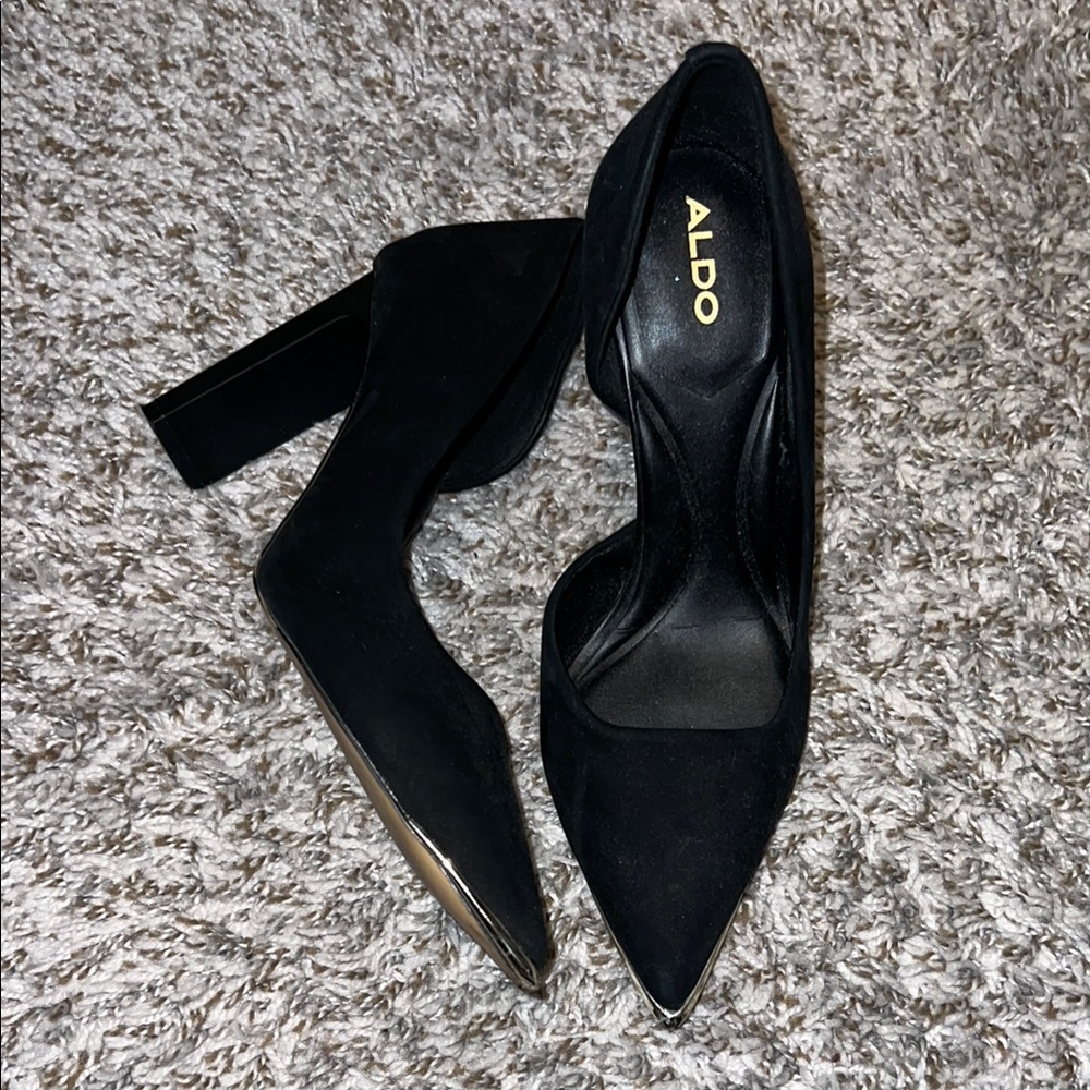 Aldo Black Suede Pointed Toe Block Heel Pumps